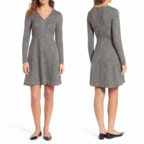 Madewell V-Neck Mini Dress Long Sleeves Grey Size 0 Bridgewalk Flare A-Line Boho - Picture 2 of 9